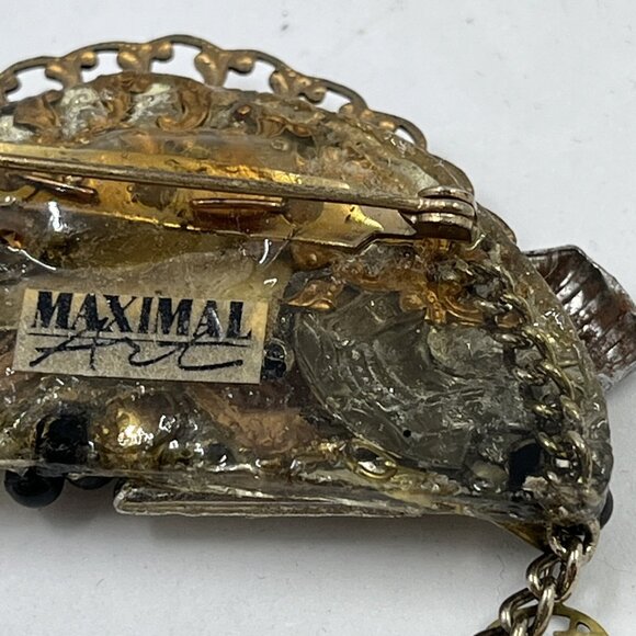 Vintage Maximal Art Collage Brooch Pin Mixed Materials Signed 80 Art Assemblage - Picture 10 of 11